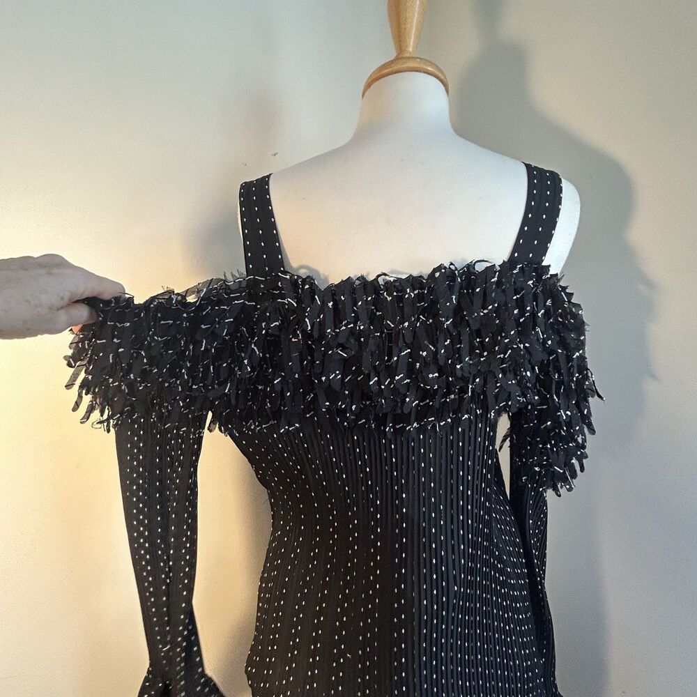 Ashley Stewart Plus Size Cold Shoulder & Bell Sleeves Pleated Black Top 2X XXL
